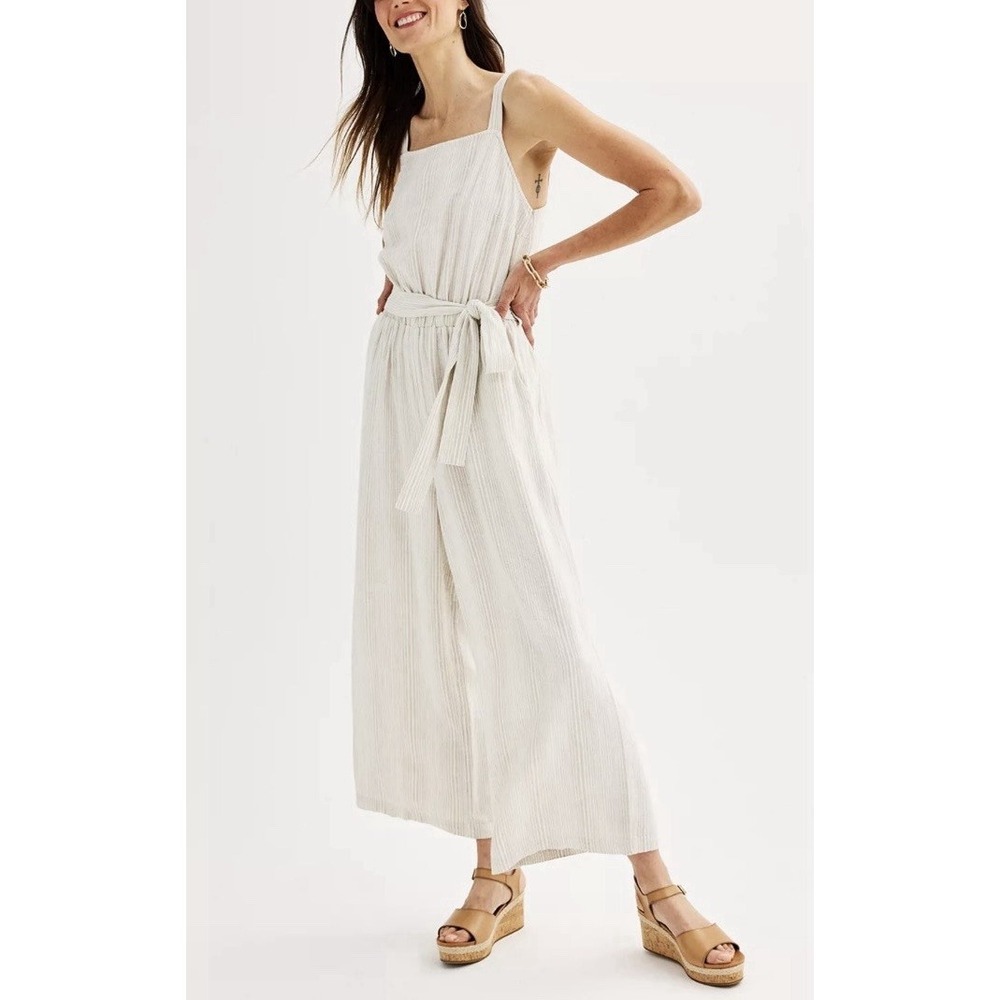 Sonoma Linen Blend Jumpsuit Sz L Beige Ivory Stripes Belted Boho Beach Hipster